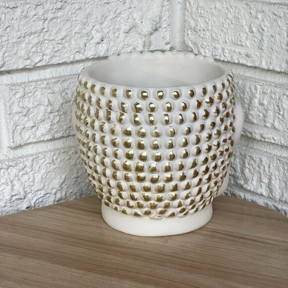 Buddha Head Face Concrete Planter Flower Pot White Gold Hobnail Textured Figural - Picture 6 of 14